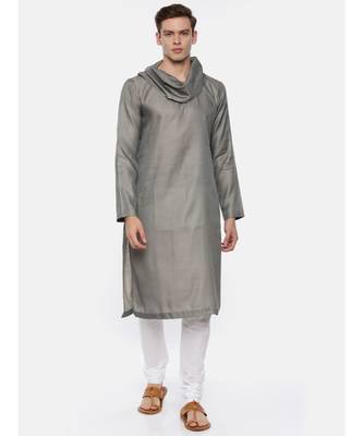 Koul Neck Grey Linen Satin Kurta Set 1