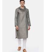 Koul Neck Grey Linen Satin Kurta Set