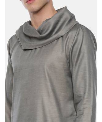 Koul Neck Grey Linen Satin Kurta Set 2