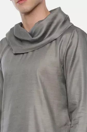 Koul Neck Grey Linen Satin Kurta Set