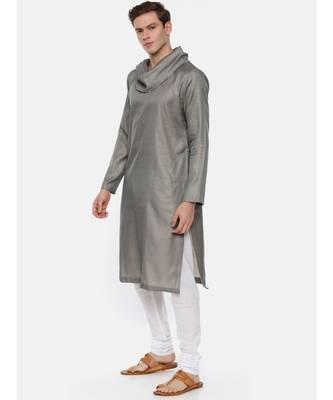 Koul Neck Grey Linen Satin Kurta Set 3