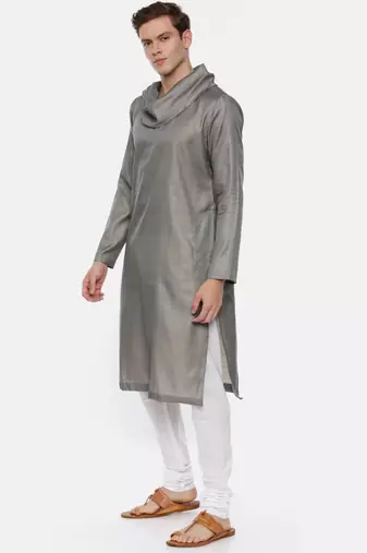 Koul Neck Grey Linen Satin Kurta Set