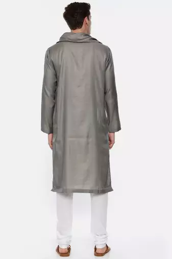 Koul Neck Grey Linen Satin Kurta Set