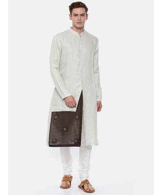 Cream Linen Jaquard with a Brown Patch Kurta 1