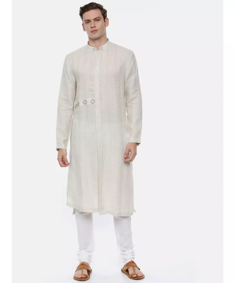 Cream Linen Jaquard Kurta Set