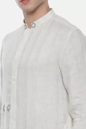 Cream Linen Jaquard Kurta Set