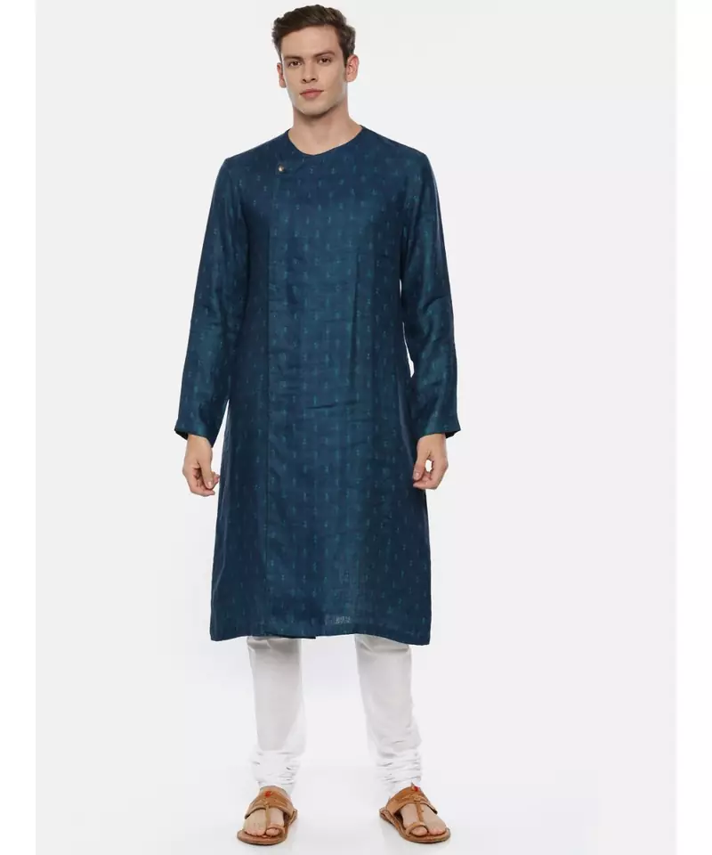Green Blue Linen Jaquard Kurta Set