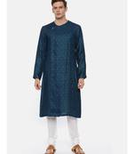 Green Blue Linen Jaquard Kurta Set