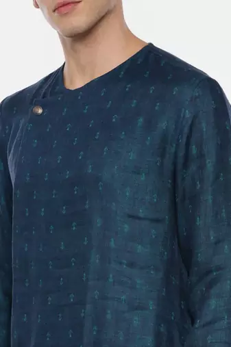 Green Blue Linen Jaquard Kurta Set