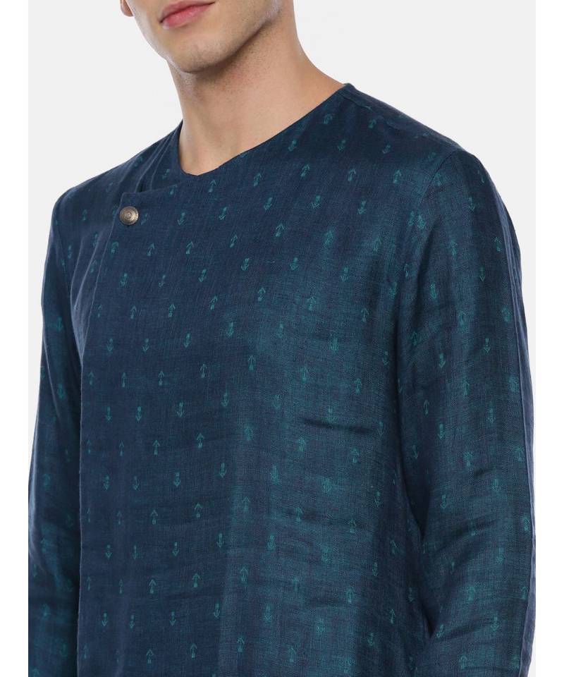 Green Blue Linen Jaquard Kurta Set