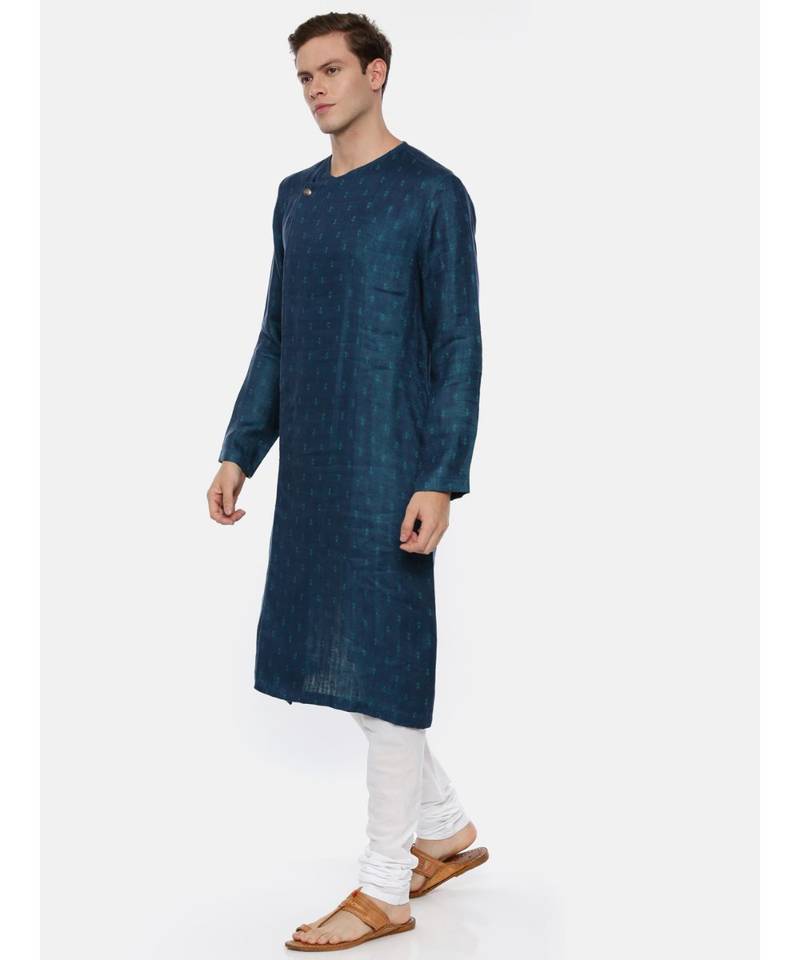 Green Blue Linen Jaquard Kurta Set