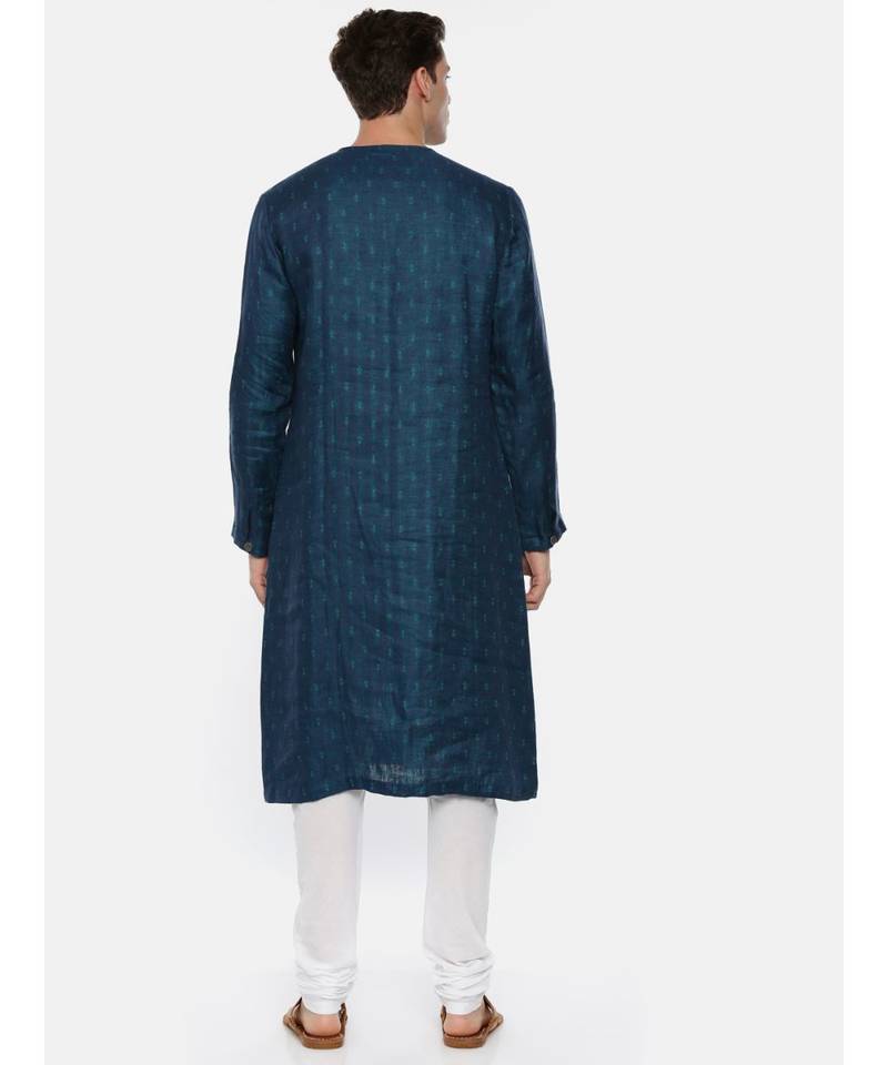 Green Blue Linen Jaquard Kurta Set
