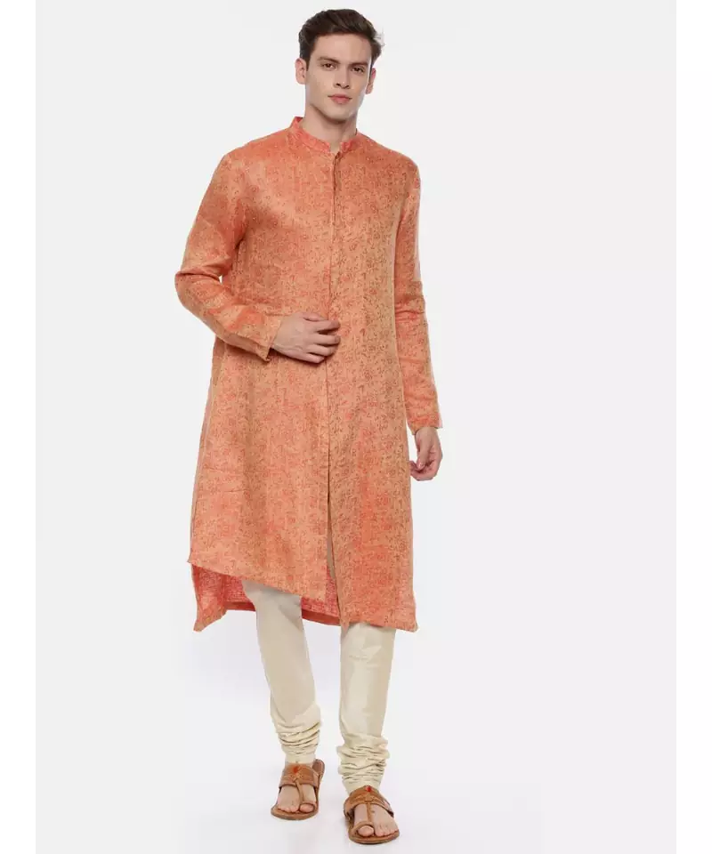 Gold Orange Linen Jaquard Kurta Set
