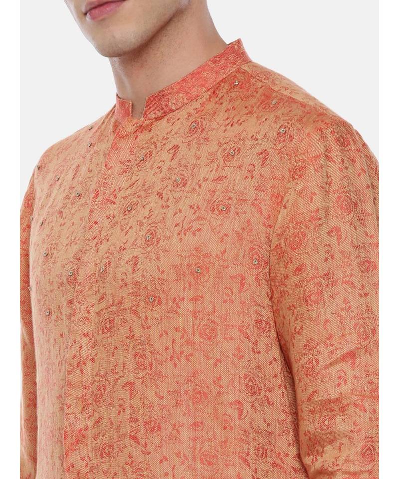 Gold Orange Linen Jaquard Kurta Set