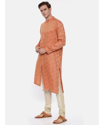 Gold Orange Linen Jaquard Kurta Set 3
