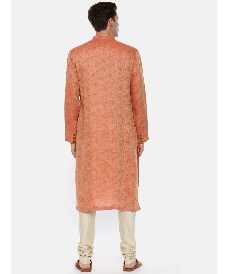 Gold Orange Linen Jaquard Kurta Set