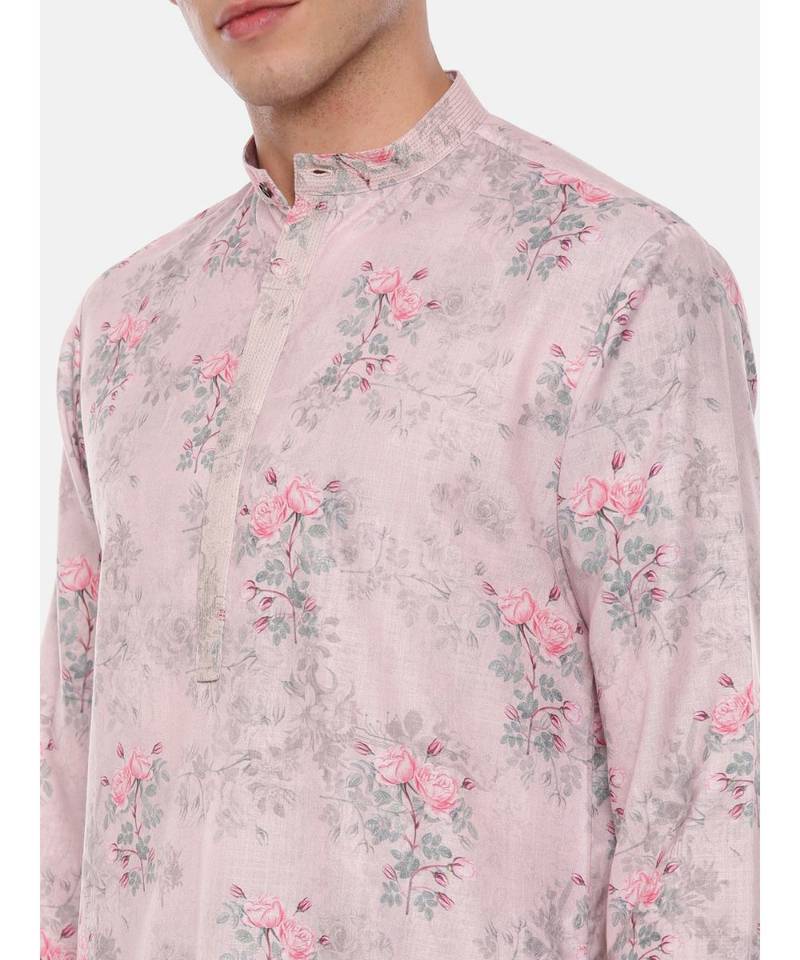 Pink Linen Printed Kurta Set