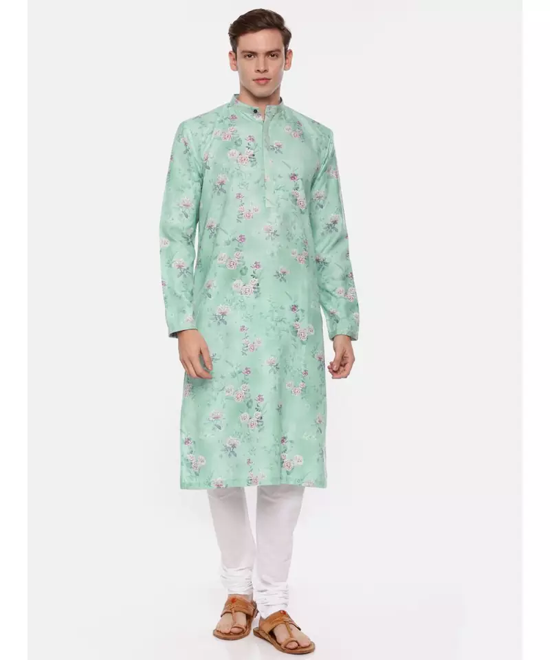 Blue Linen Printed Kurta Set