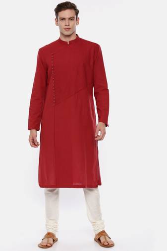 Red Cotton Asymetric Kurta Set