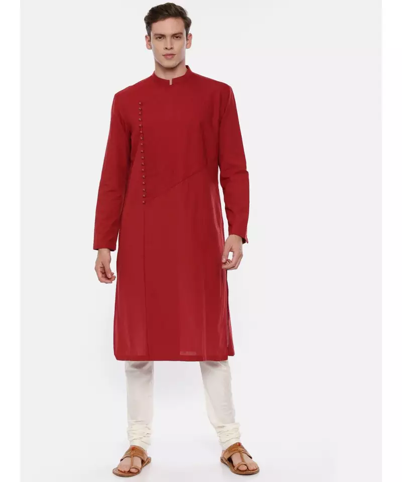 Red Cotton Asymetric Kurta Set