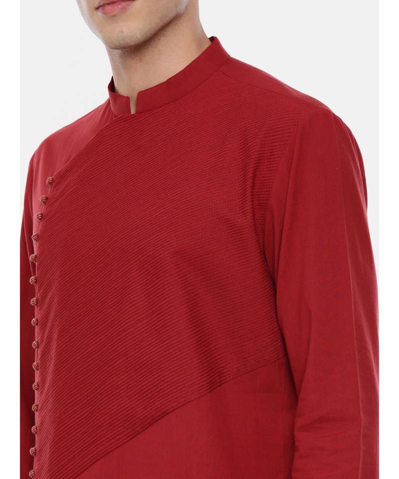 Red Cotton Asymetric Kurta Set