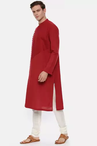 Red Cotton Asymetric Kurta Set