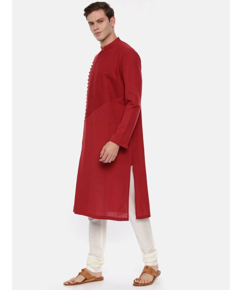 Red Cotton Asymetric Kurta Set