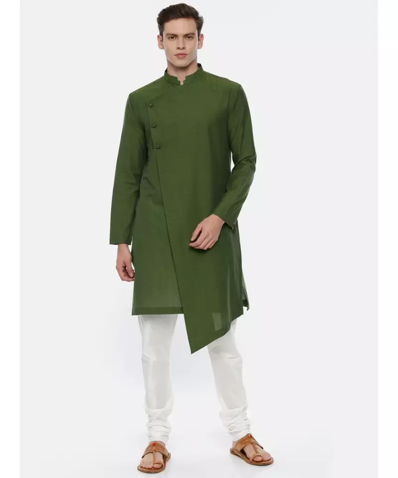 Green Cotton Asymetric Kurta Set