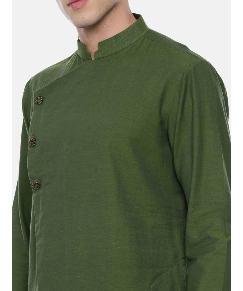 Green Cotton Asymetric Kurta Set
