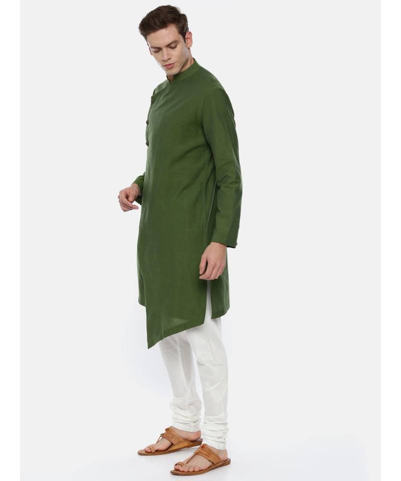Green Cotton Asymetric Kurta Set