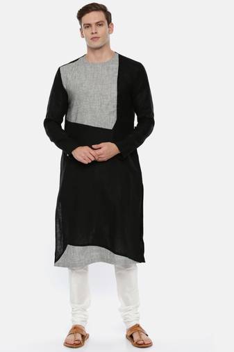Black Grey Linen Patch Kurta Set