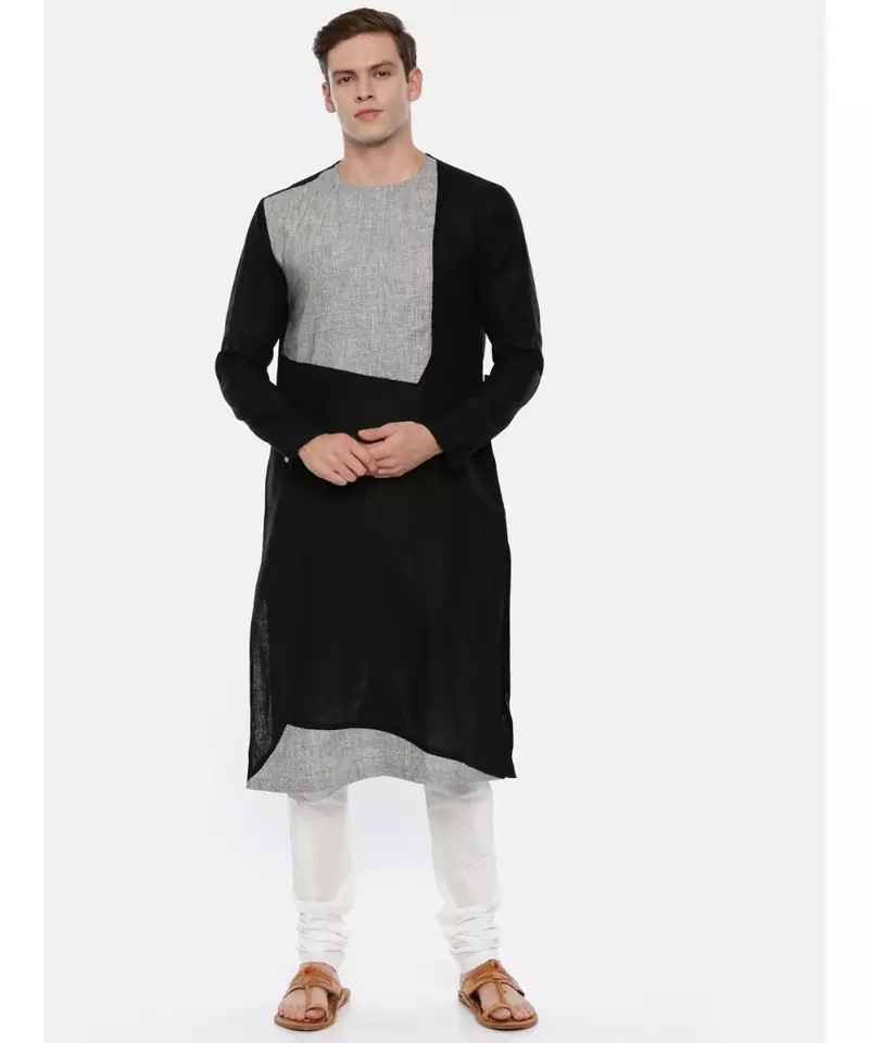 Black Grey Linen Patch Kurta Set