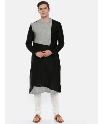 Black Grey Linen Patch Kurta Set 1