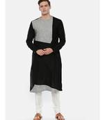 Black Grey Linen Patch Kurta Set