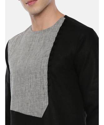 Black Grey Linen Patch Kurta Set 2
