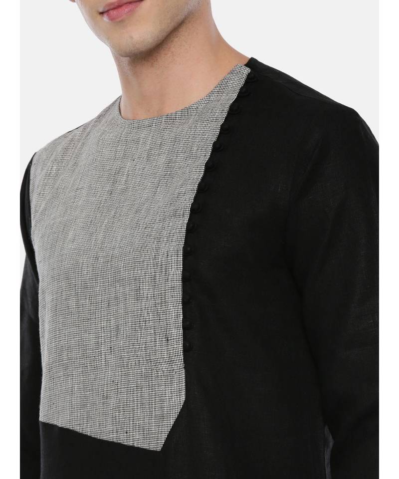 Black Grey Linen Patch Kurta Set