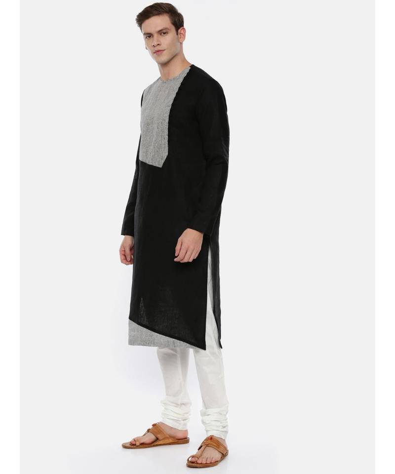 Black Grey Linen Patch Kurta Set