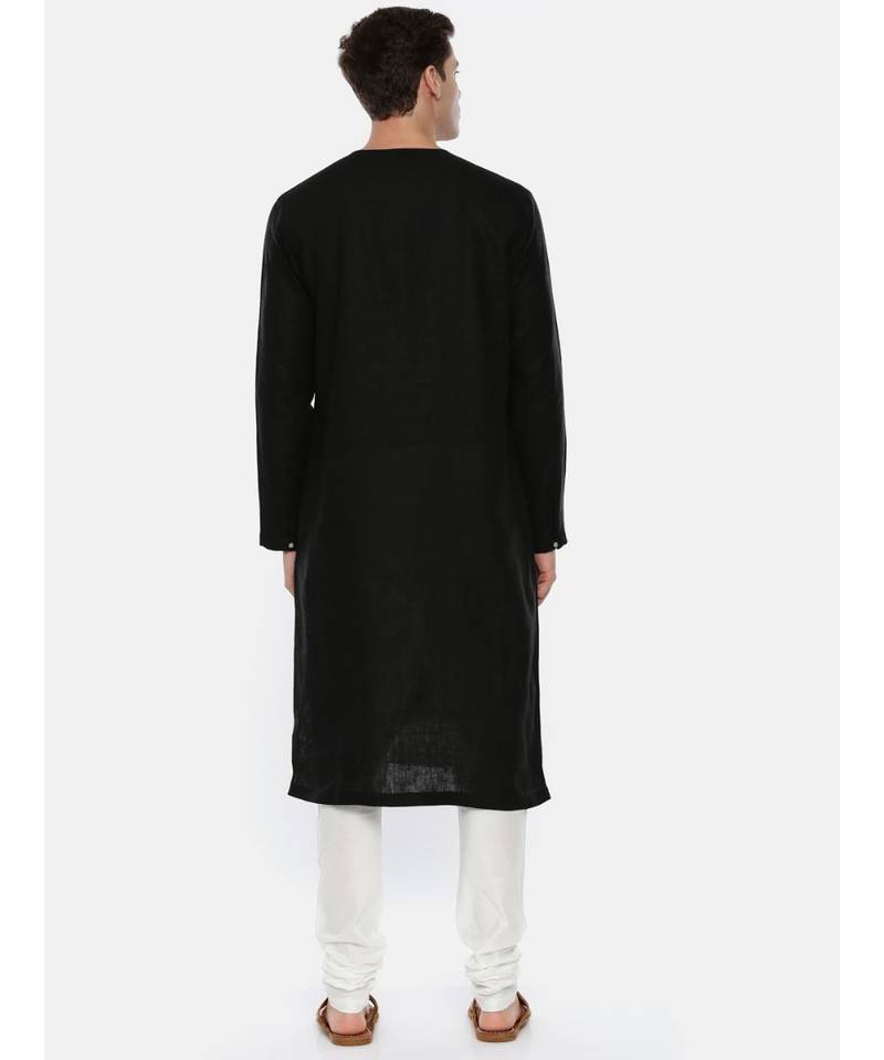 Black Grey Linen Patch Kurta Set