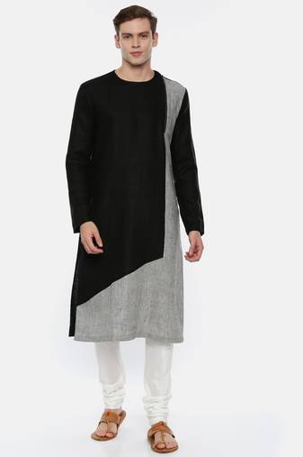 Black Grey Linen Patch Kurta Set