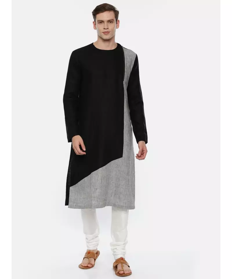 Black Grey Linen Patch Kurta Set