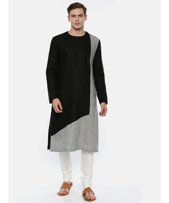 Black Grey Linen Patch Kurta Set 1