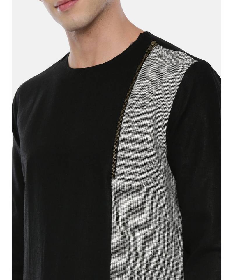 Black Grey Linen Patch Kurta Set