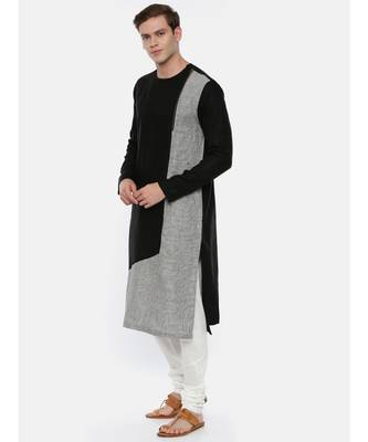 Black Grey Linen Patch Kurta Set 3