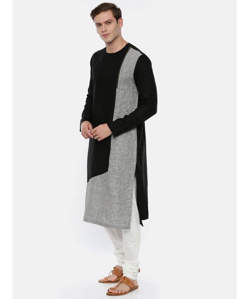 Black Grey Linen Patch Kurta Set