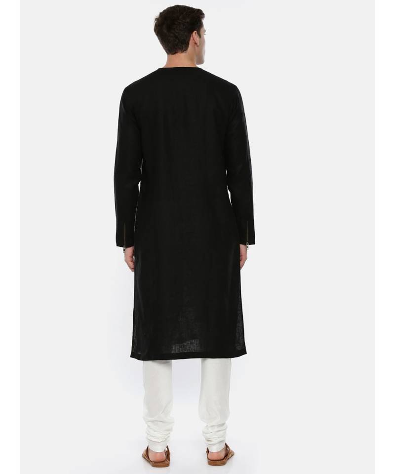 Black Grey Linen Patch Kurta Set