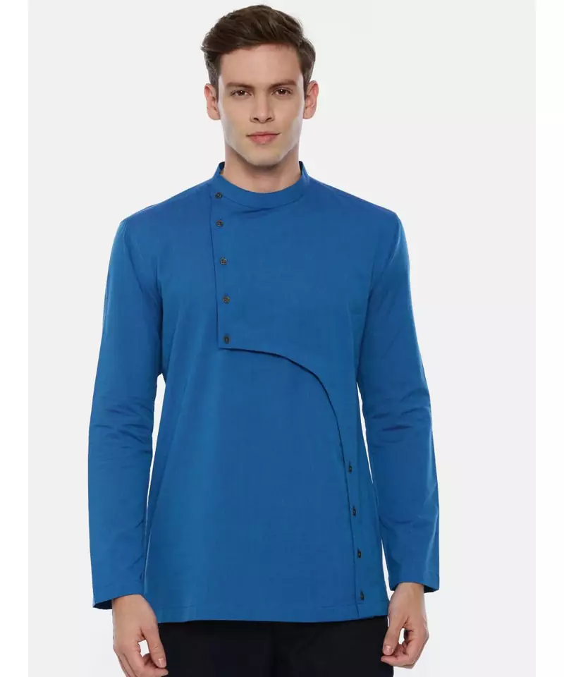 Blue Cotton Cut Away Short Kurta