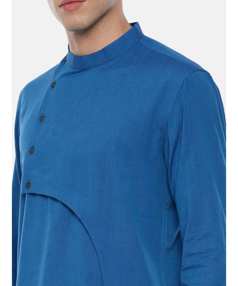 Blue Cotton Cut Away Short Kurta