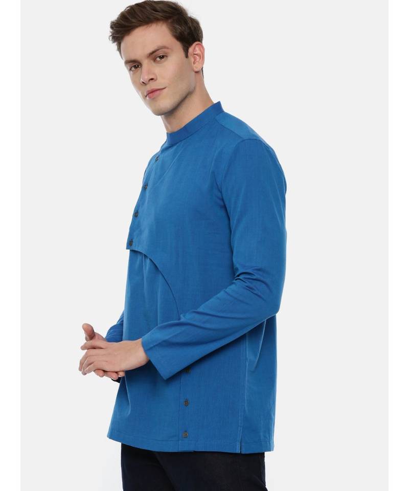 Blue Cotton Cut Away Short Kurta