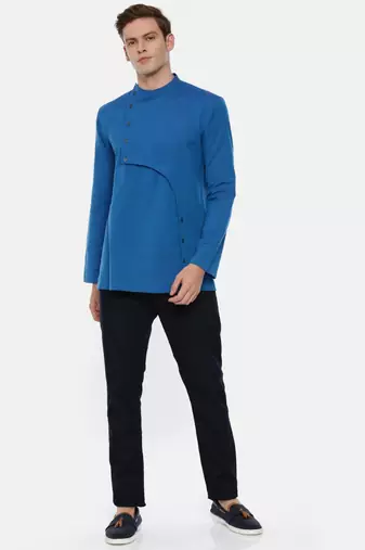 Blue Cotton Cut Away Short Kurta