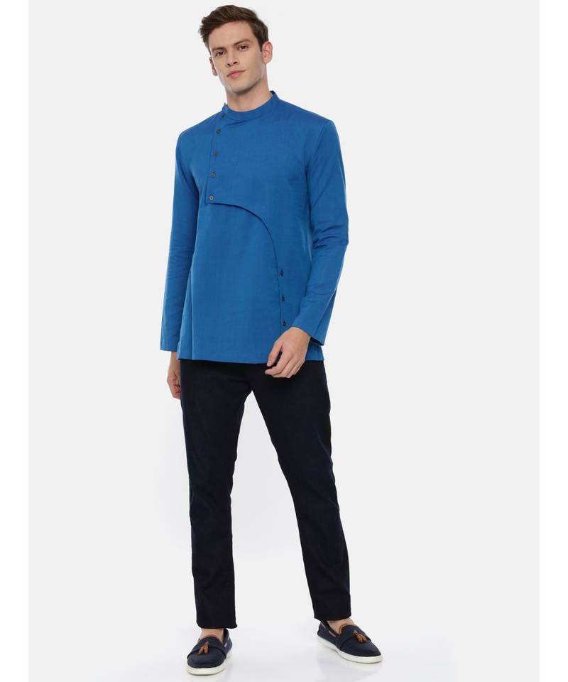 Blue Cotton Cut Away Short Kurta